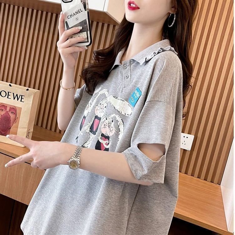 美人度アップ 折り襟 可愛いウサギちゃん プリントロング Tシャツ ゆったり半袖 ＜S-2956＞