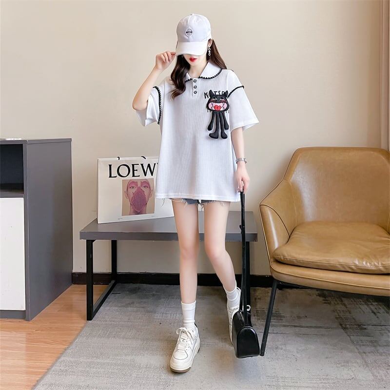 美人度アップ 折り襟 ワッフル ぬいぐるみ付き ロング Tシャツ ゆったり半袖 ＜S-2930＞