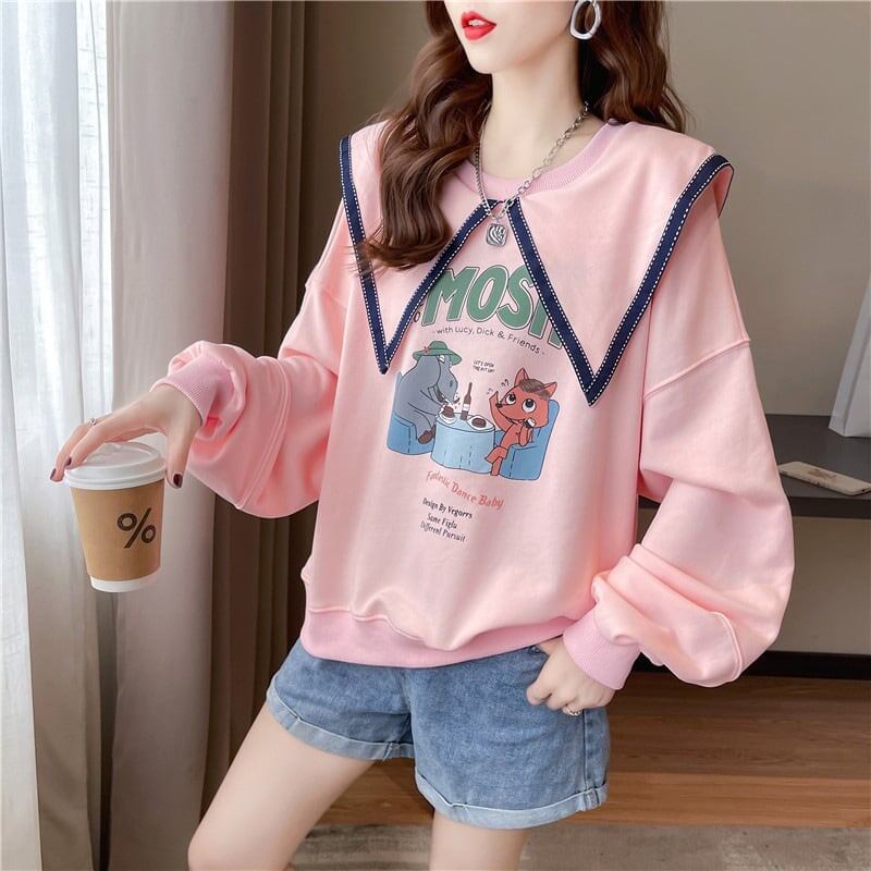 絶対欲しい グラフィックプリント セーラ服の襟 三色 長袖Tシャツトップス<S-4036>