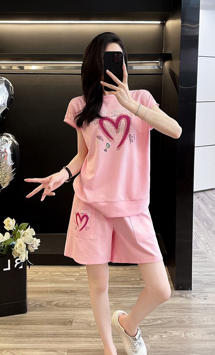 超人気 ホットダイヤモンド カジュアル プリント 半袖Tシャツ ショートパンツ セットアップ ＜S-9215＞