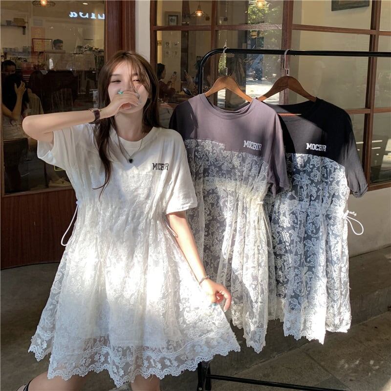 売れ筋 切り替え レース フェイクレイヤード 膝丈 半袖 Tシャツワンピース ＜S-1953＞