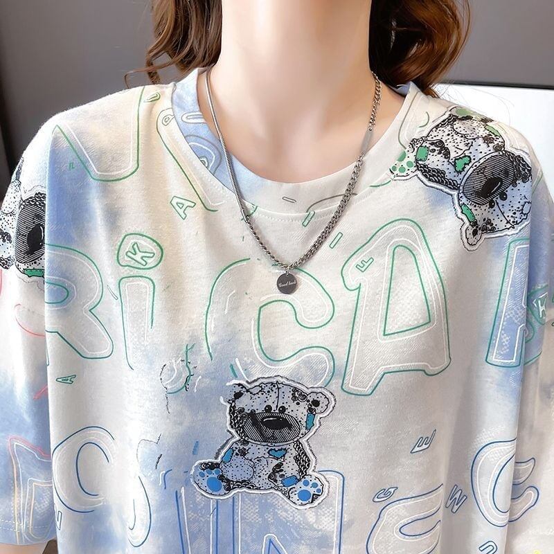 大好評 絞り染め クマ柄 ロング Tシャツ ゆったり半袖 ＜S-3990＞