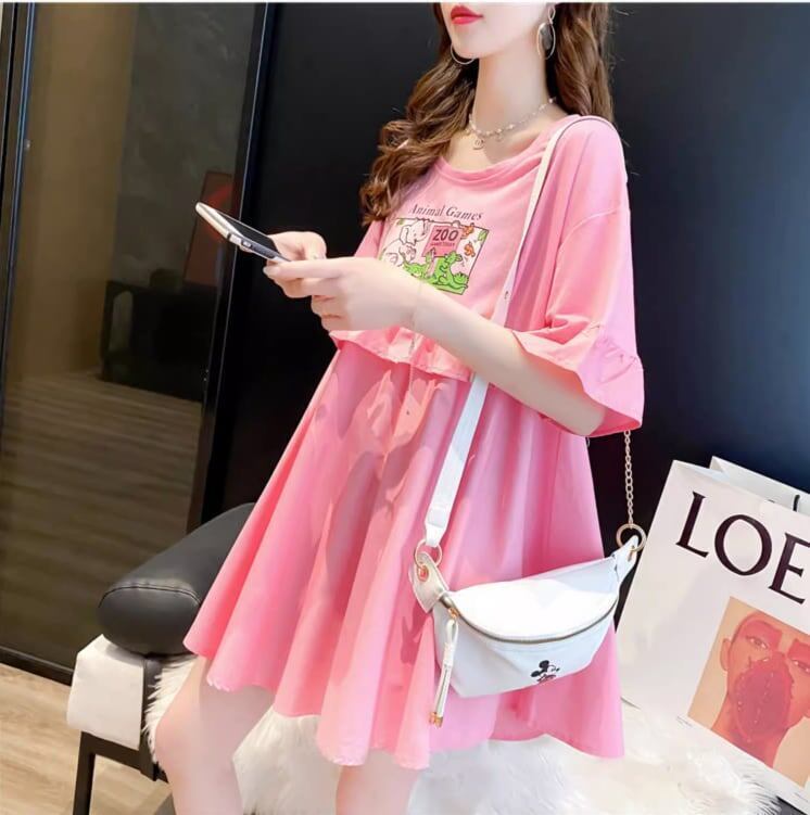 ミドル丈のイレギュラー半袖Tシャツワンピース<S-5007>