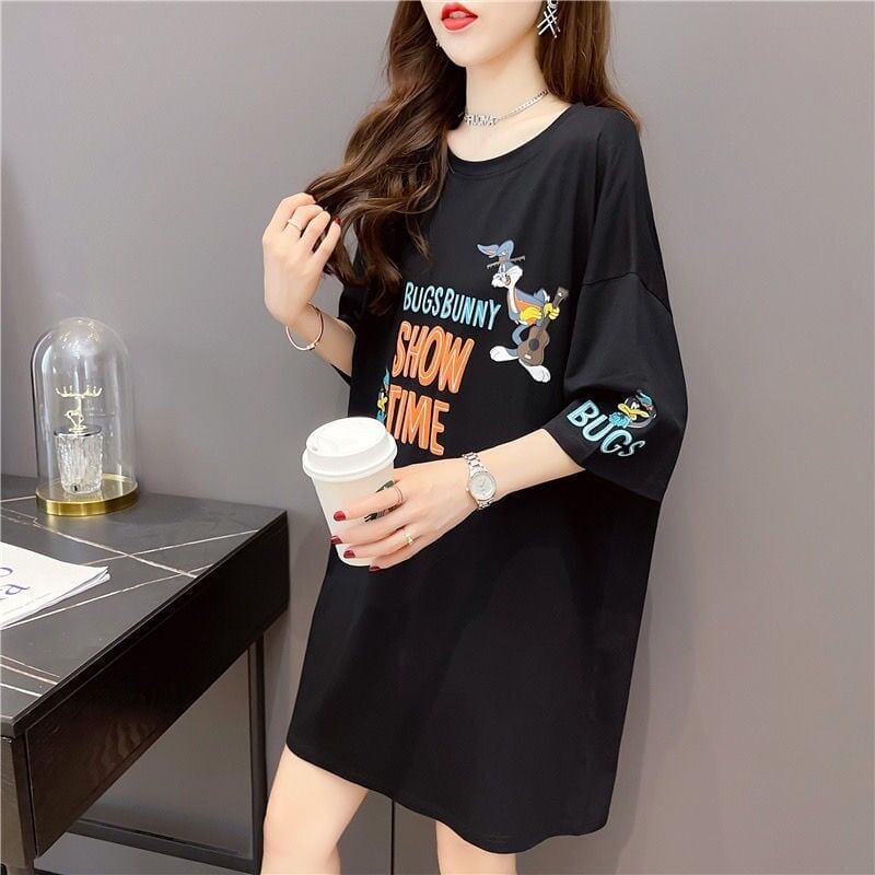 おすすめ アルファベット ラウンドネック プリントTシャツ ゆったり ワンピース＜S-3049＞