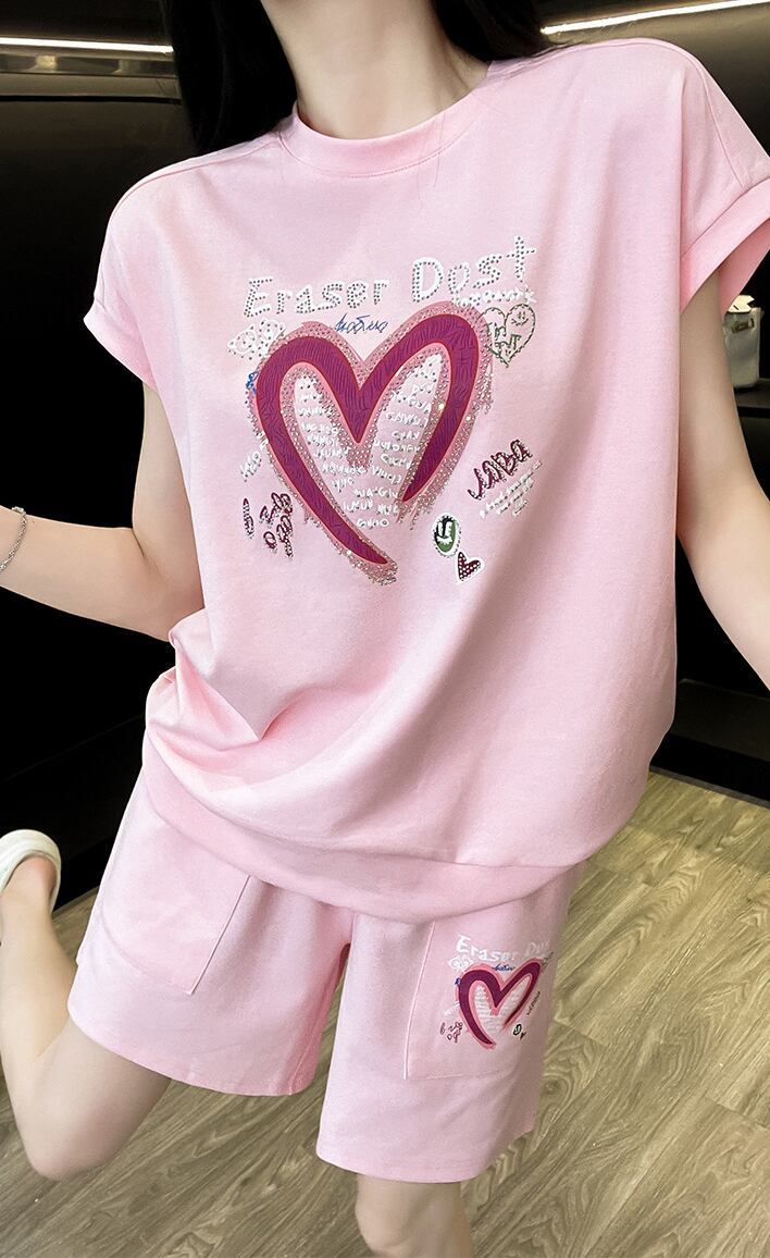 超人気 ホットダイヤモンド カジュアル プリント 半袖Tシャツ ショートパンツ セットアップ ＜S-9215＞