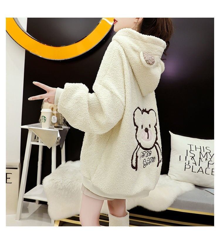 大人可愛いクマちゃんロゴもこもこ厚手フード付きパーカー全3色<S-4696>