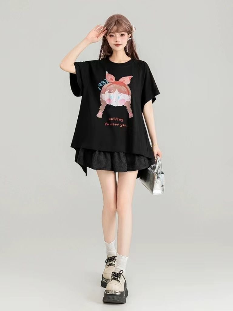 着回し力抜群 ゆったり ファッション感満々 ロング丈 2色半袖Tシャツ＜S-11068＞