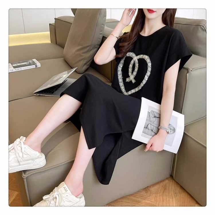 韓国系 ロング ハートマーク Tシャツ 半袖 ＜S-2837＞