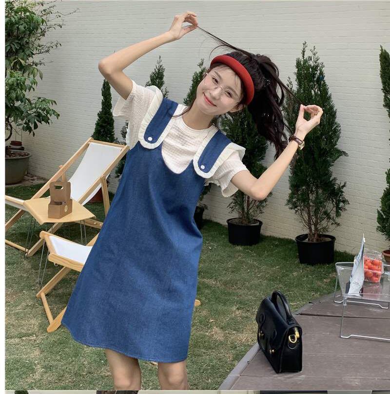 美人度アップ デニム 大人可愛い 全2色 半袖Tシャツ+サスペンダースカート セット<S-8782>