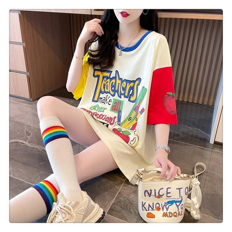 大注目 ドロップショルダー 落書き カラーマッチング プリントTシャツ ゆったり半袖 ＜S-3010＞