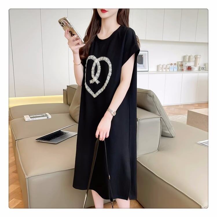 韓国系 ロング ハートマーク Tシャツ 半袖 ＜S-2837＞