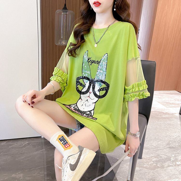 着回し力抜群 チュール 新作 切り替え ピンク プリント スパンコール プリント全3色 半袖Tシャツ カットソー ＜S-8557＞