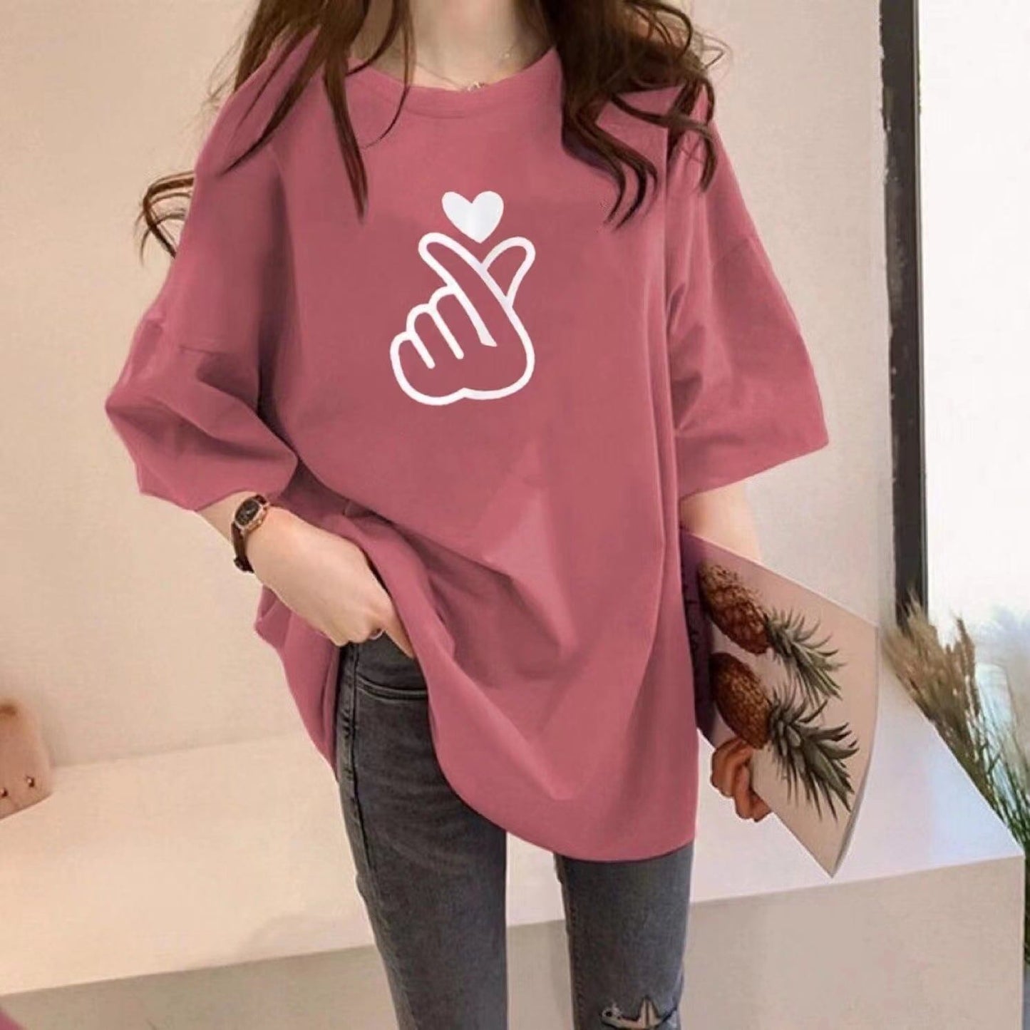 組み合わせやすい Tシャツ プリント 七色 ゆったり半袖＜S-2968＞