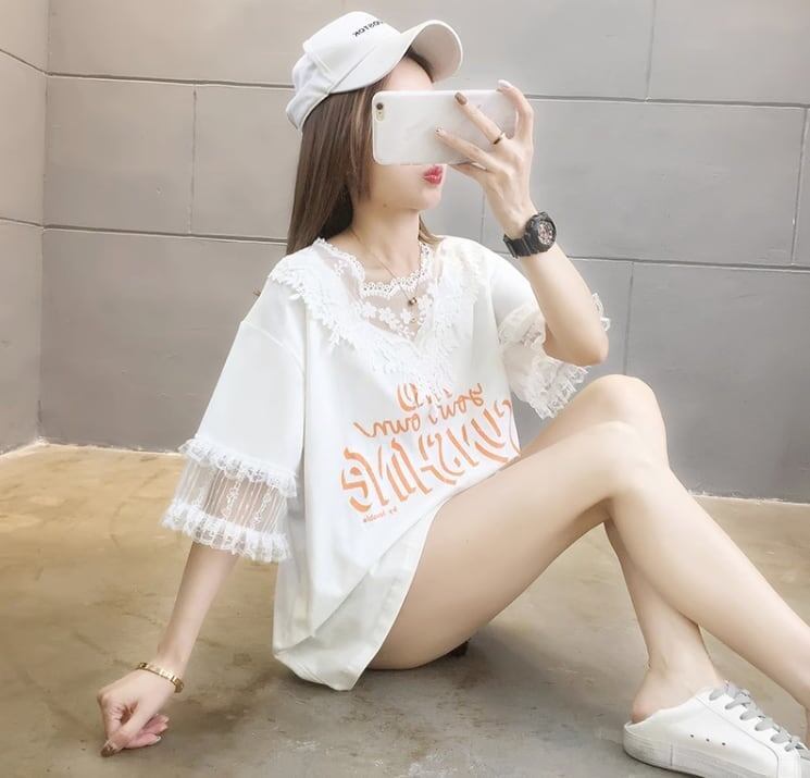 エレガントなレースステッチ半袖Tシャツ<S-3030>