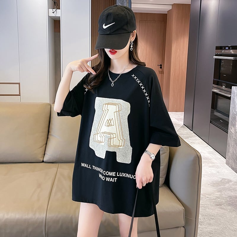 超人気商品 ロング アルファベット プリントTシャツ 三色 ゆったり半袖 ＜S-4019＞