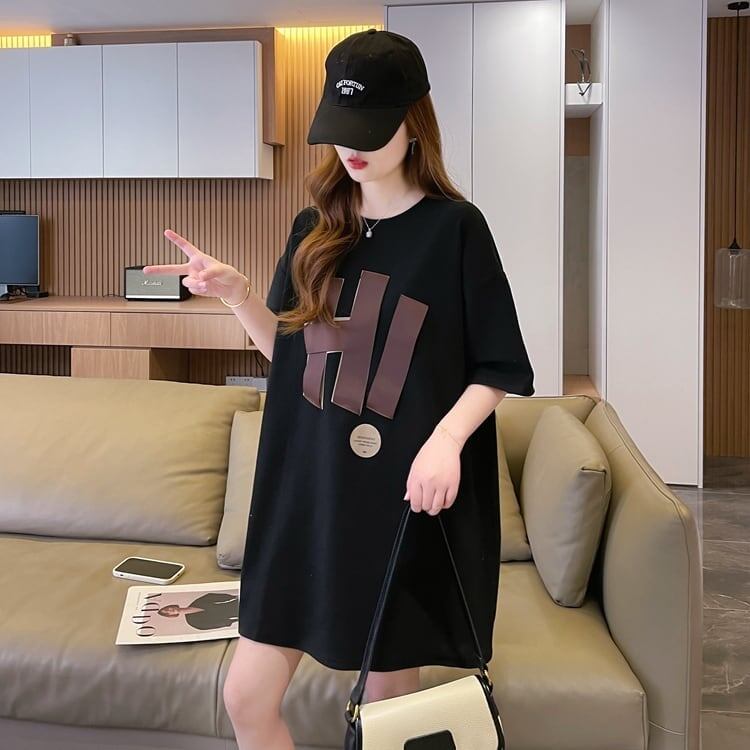 ファッション ロング プリントTシャツ 丸襟 半袖＜S-2807＞