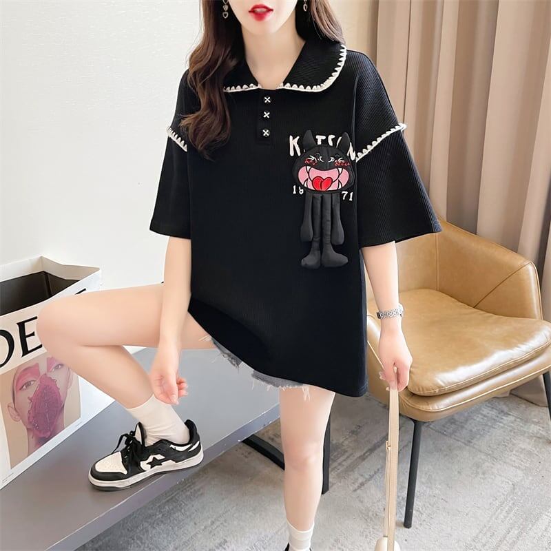 美人度アップ 折り襟 ワッフル ぬいぐるみ付き ロング Tシャツ ゆったり半袖 ＜S-2930＞