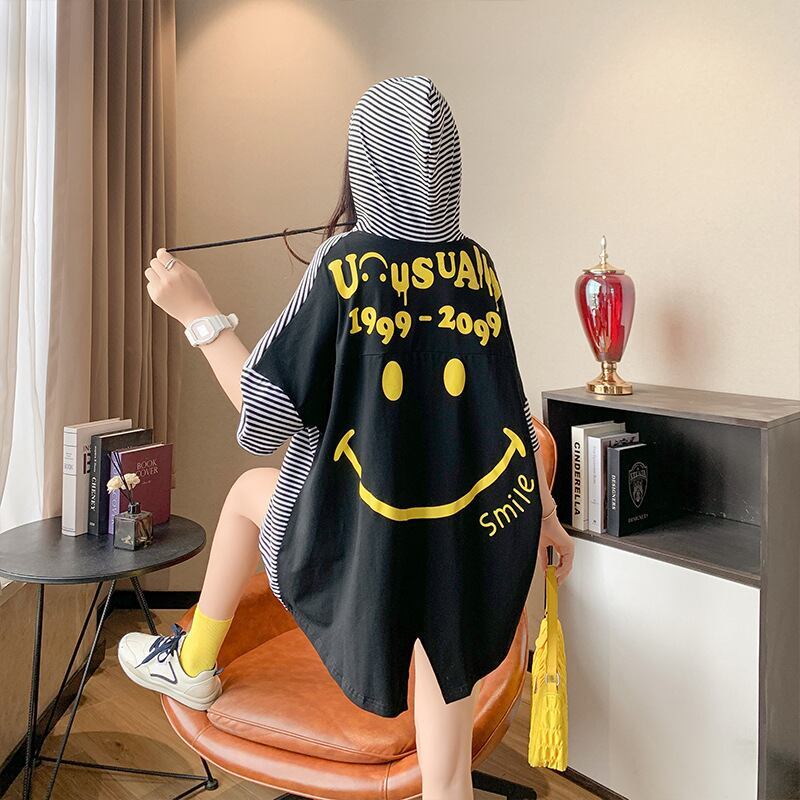 スタイルアップ効果抜群 ストライプ柄 アバンギャルド 切り替え レース プリント全2色 半袖Tシャツ<S-9111>