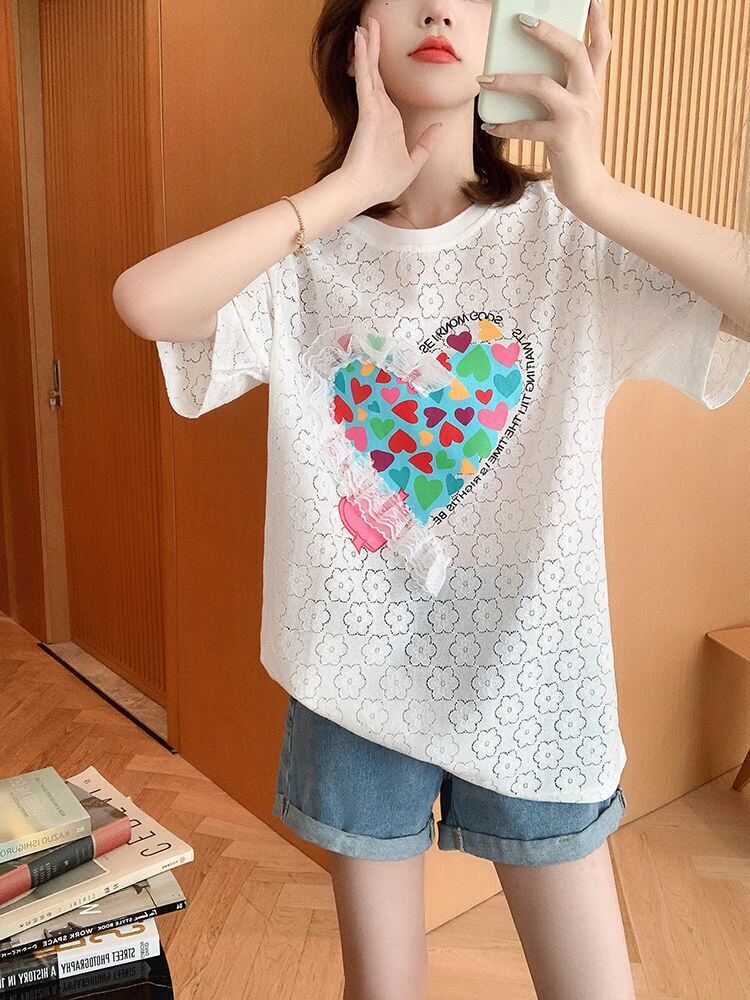 新商品 透かし彫り キュート ゆったり 半袖Tシャツ＜S-8422＞