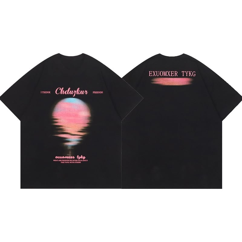 夏新作 プリントTシャツ 夕日 黒 ゆったり半袖＜S-2959＞