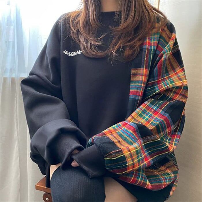 主役級 チェック柄 切り替え スウェット全2色ゆったりトップス＜S-4773＞
