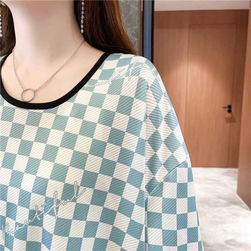 好感度満載 ラウンドネック 女性力を高める チェック柄 Tシャツ カットソー＜S-2985＞