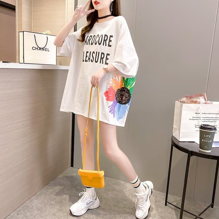 おすすめ アルファベット 花柄 Tシャツ 三色 ゆったり ロング 半袖 ＜S-2946＞