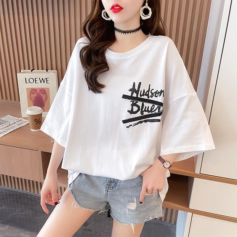 デザイン個性ゆったりミドル丈半袖Tシャツ<S-3036>
