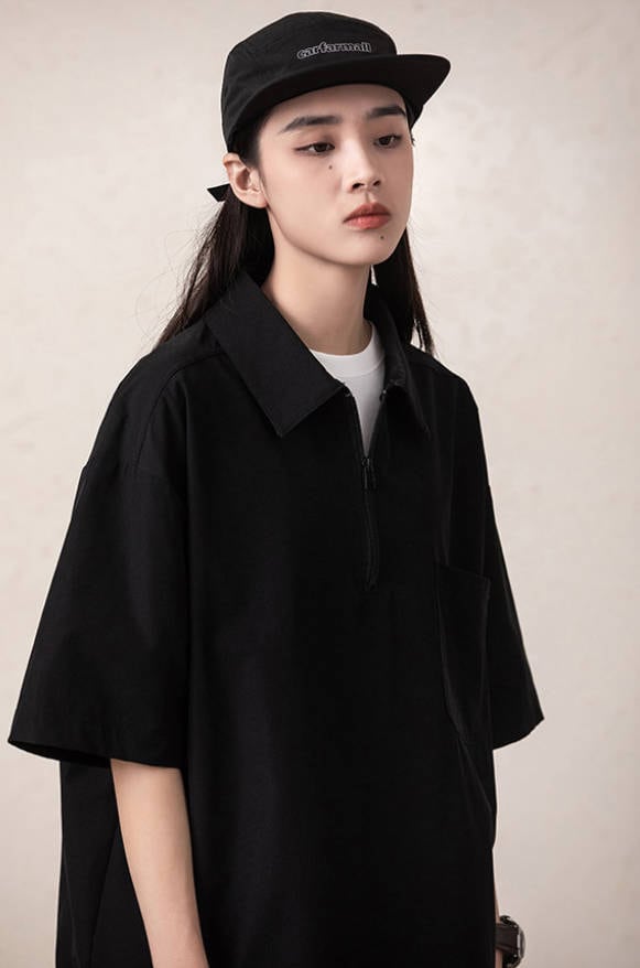 ルーズシルエット ハーフジップ 速乾 半袖 Tシャツ<S-13119>