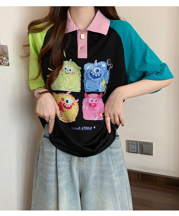 元気いっぱい カラーマッチング POLOネック プリント Tシャツ 半袖 ＜S-2979＞