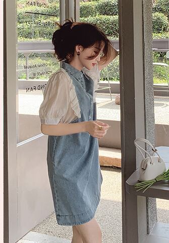 話題沸騰中 切り替え スウィート デニム 半袖ワンピース<S-8387>