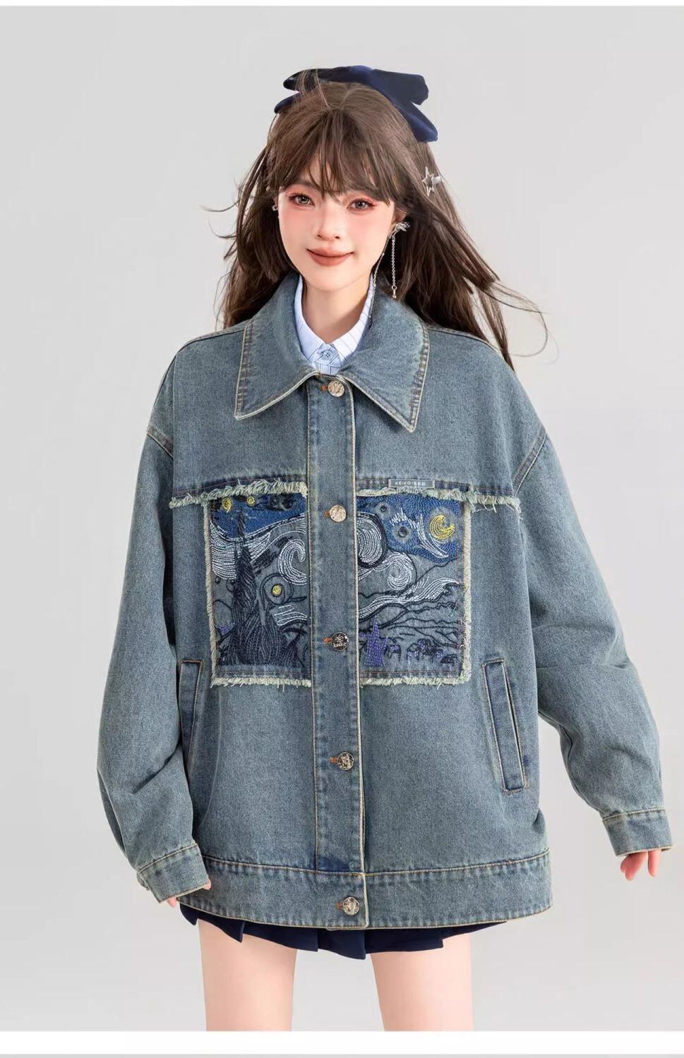 流行新作 おしゃれ度高め 高見えデザイン 刺繍 デニム ジャケット<S-10521>