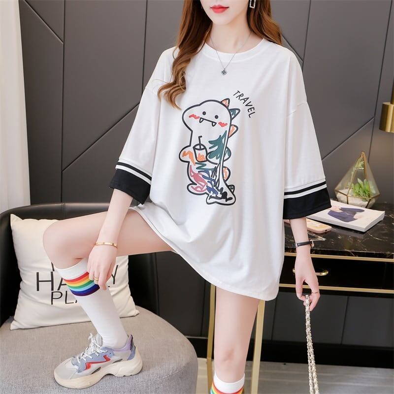 合わせやすい アルファベット ラウンドネック プリントTシャツ ゆったり ワンピース＜S-3992＞