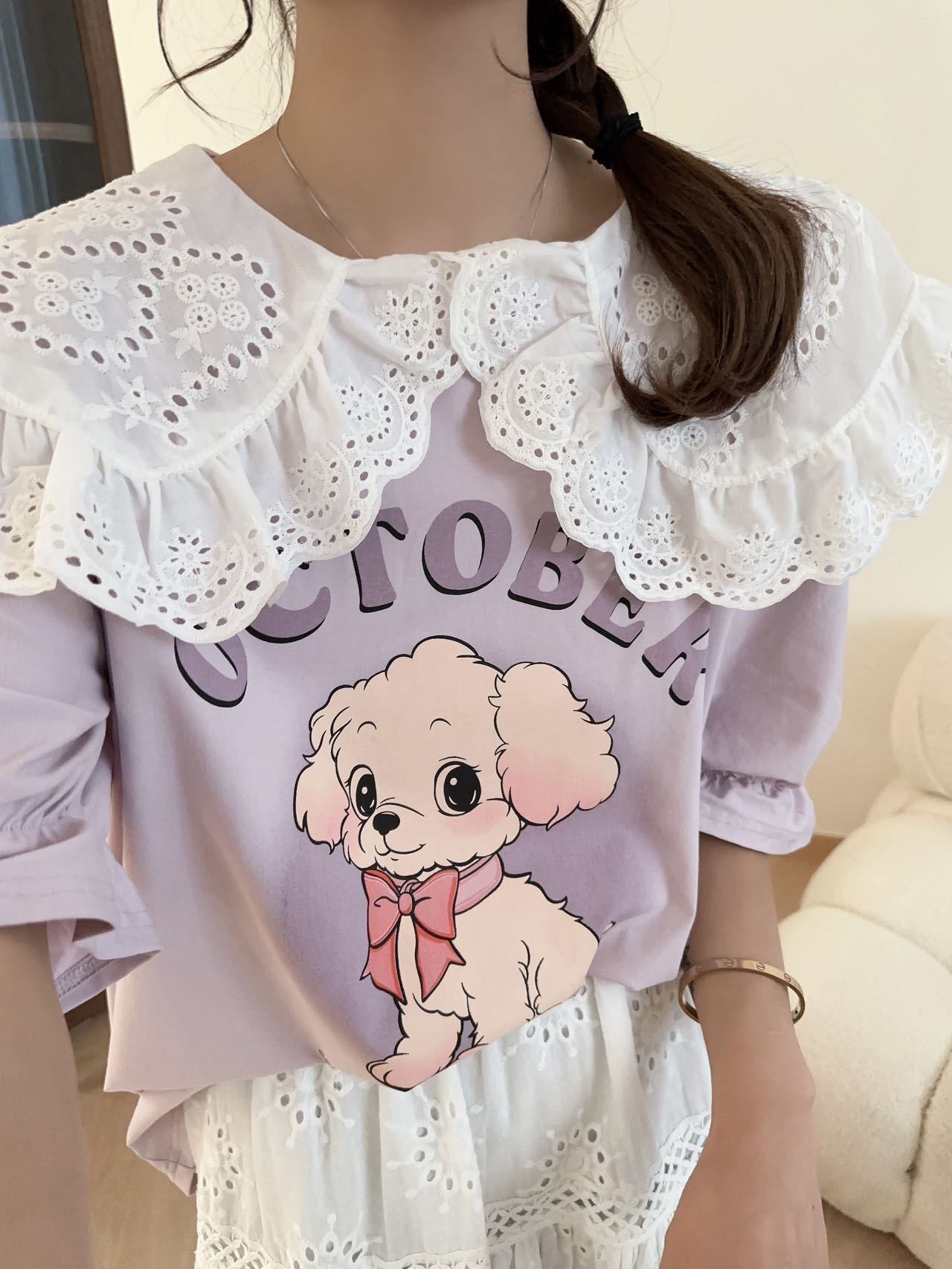 スウィート ワンちゃんロゴ 韓国系 ゆったりTシャツ半袖<S-4882>