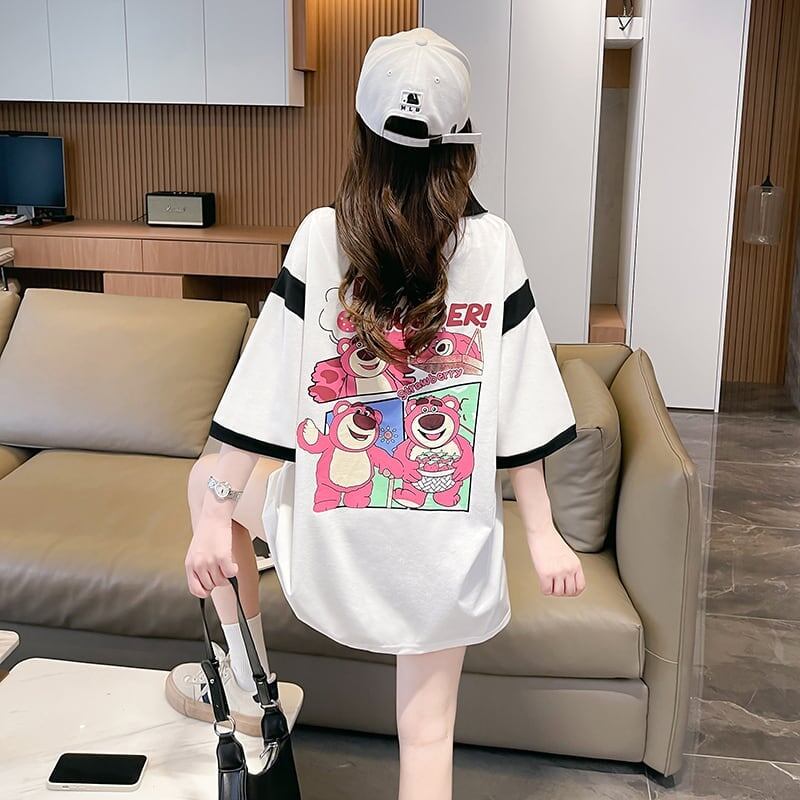 POLOネック 切り替え 熊柄 ロング プリント Tシャツ 二色 ゆったりワンピース ＜S-3020＞