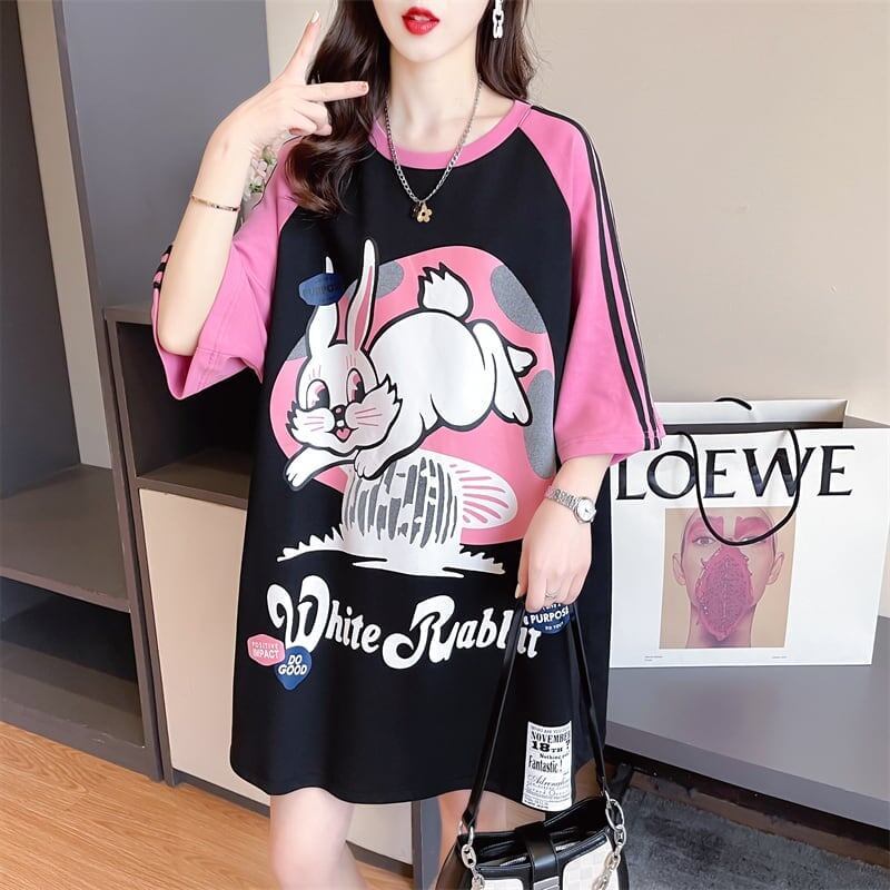 好感度UP グラフィック ストライプ柄 ラグランTシャツ ゆったり ワンピース＜S-3994＞