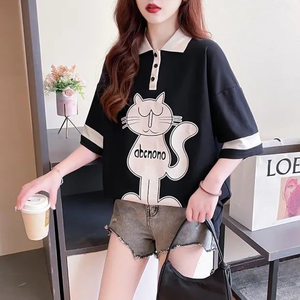 韓国系 猫柄 POLOネック ロング プリントTシャツ ゆったり半袖 ＜S-2894＞
