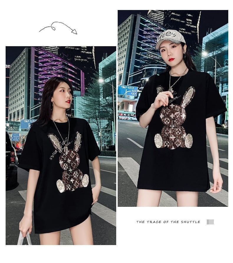 合わせやすい ビジュー ウサギ ロング Tシャツ ゆったり 半袖 ＜S-2887＞
