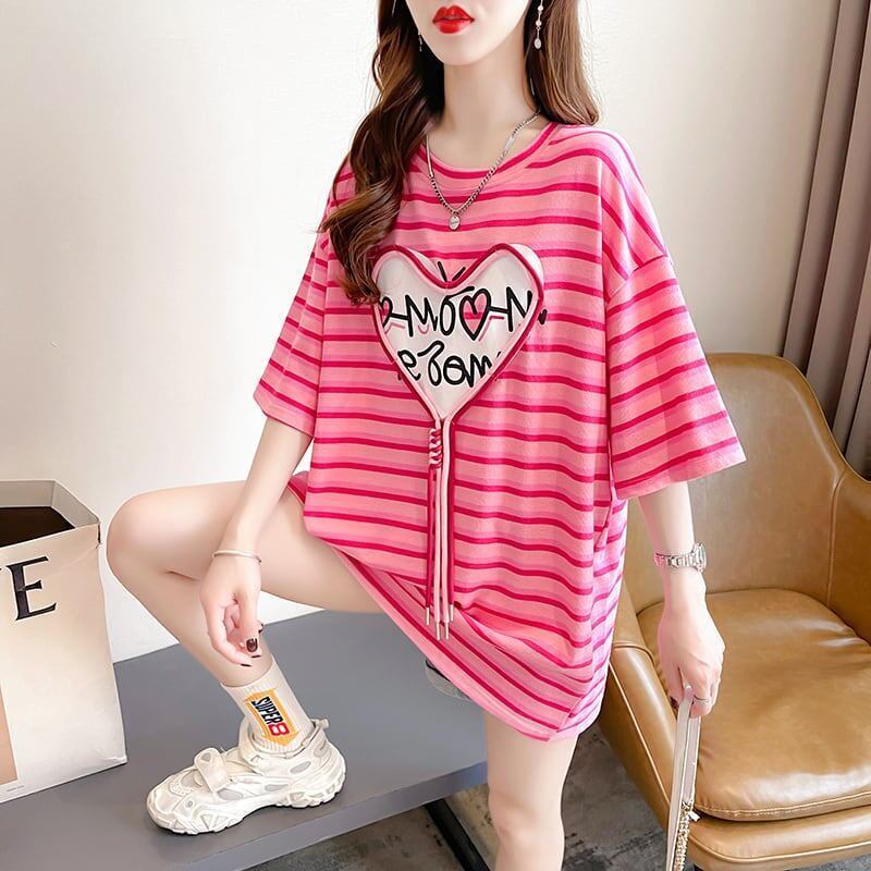 韓国風ピンクストライプゆったり立体装飾半袖Tシャツ<S-2985>