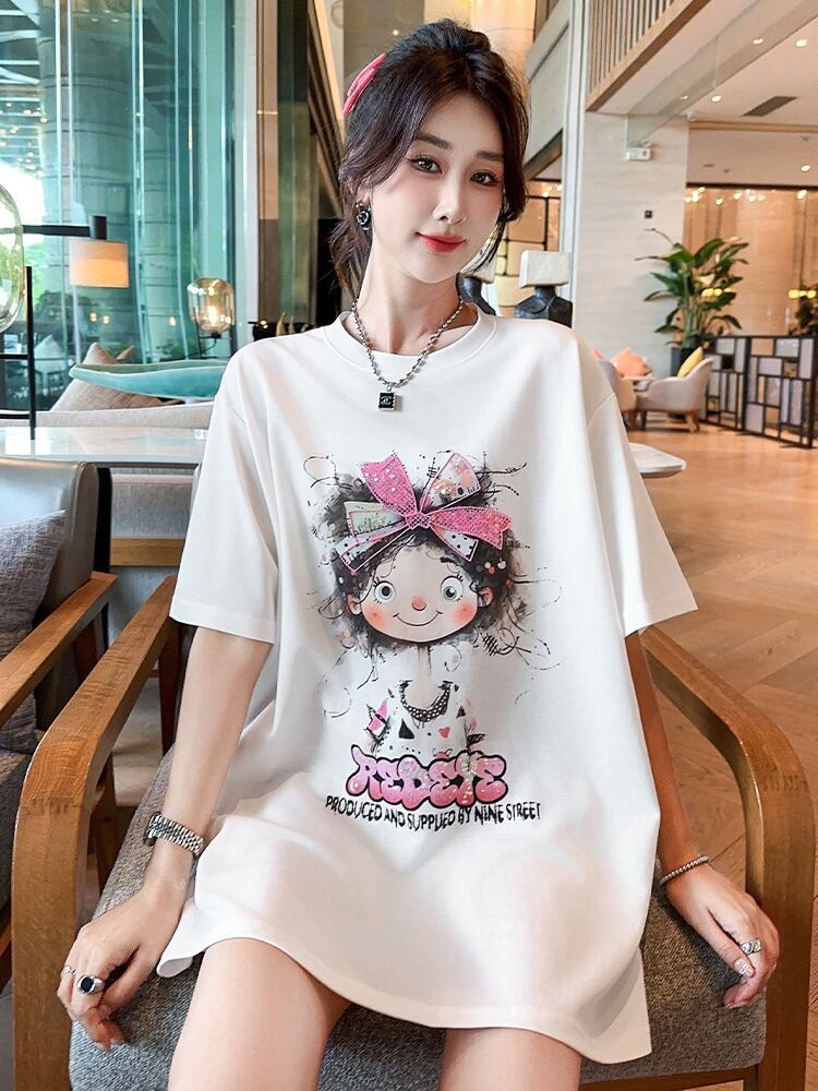 好感度UP ピンク カジュアル プリント スパンコール プリント ゆったり 半袖 Tシャツ＜S-8705＞