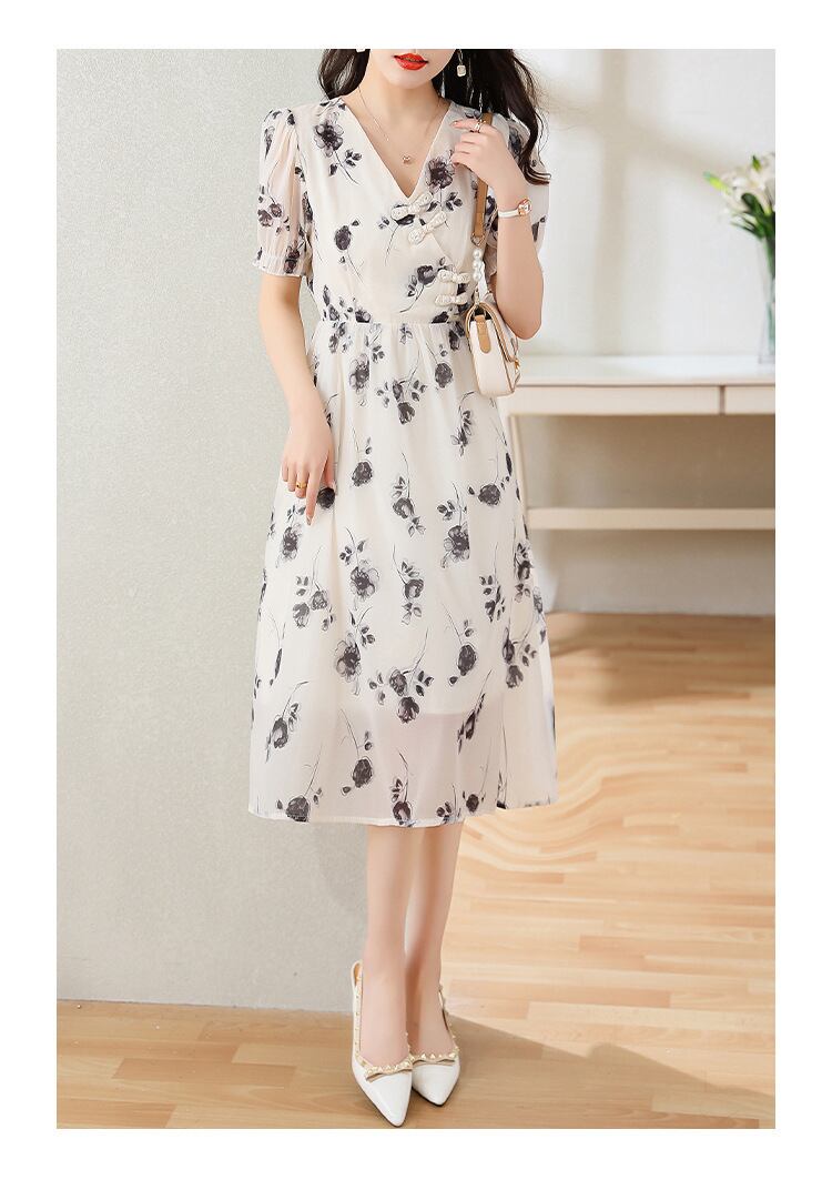 今季マストバイ シフォン ファッション 花柄 半袖ワンピース<S-8452>