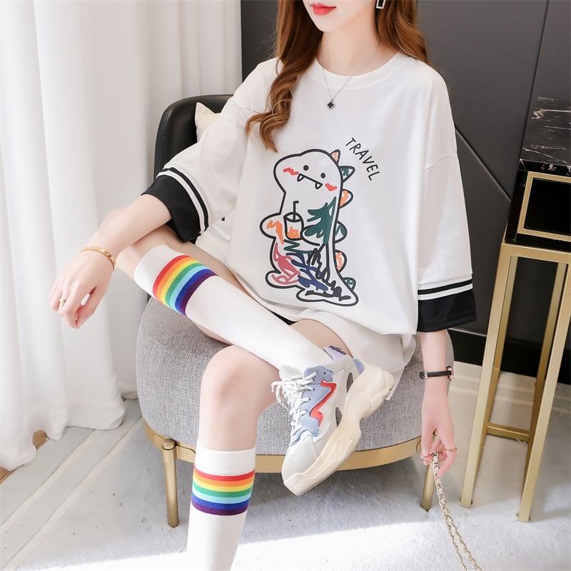 合わせやすい アルファベット ラウンドネック プリントTシャツ ゆったり ワンピース＜S-3992＞
