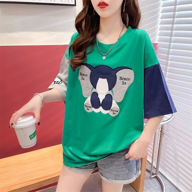 気質漫画カラーマッチング偽ツーピース半袖Tシャツ<S-2997>