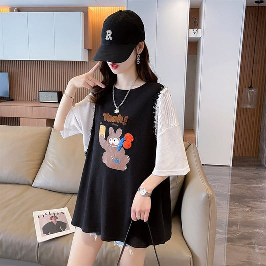 ワッフルフェイクツーピース漫画立体刺繍半袖Tシャツ<S-2871>