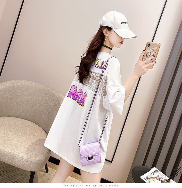 【半額！期間限定！！】グラフィック レース 透かし彫り ロング Tシャツ ゆったりワンピース ＜S-4021＞