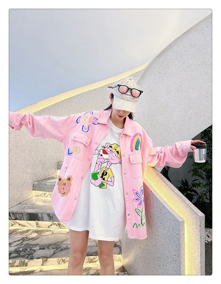 売り切れ必至 韓国風ファッション 上質 アバンギャルド プリント デニム Tシャツ ＜S-9479＞