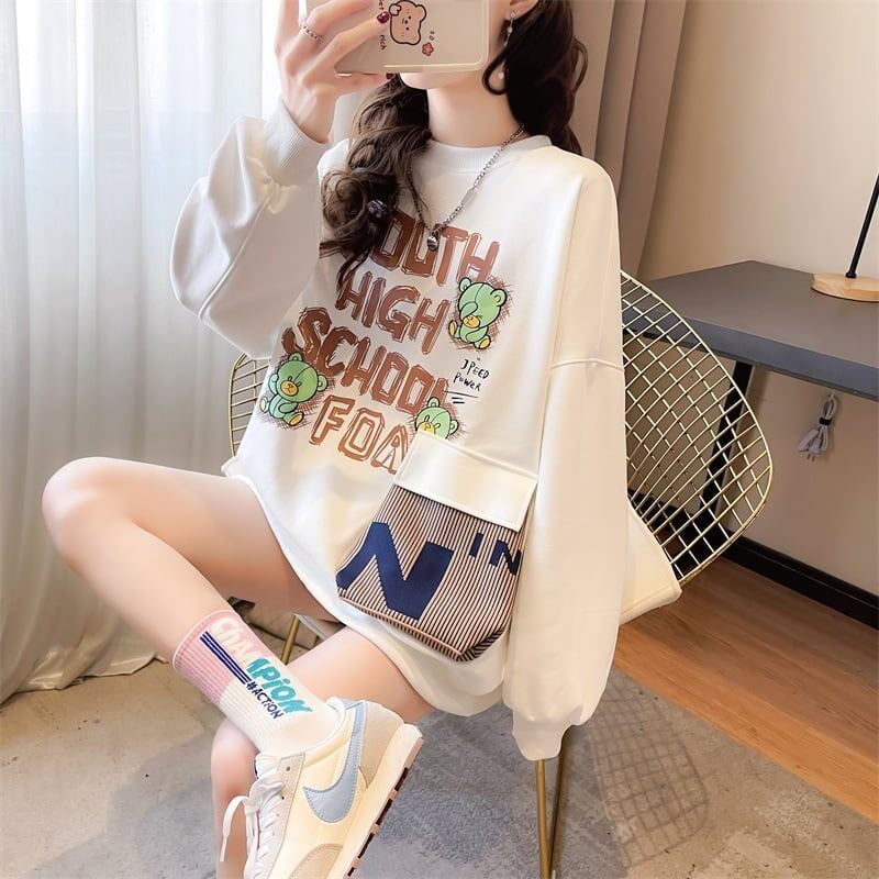 デザインされたビッグポケット漫画長袖Tシャツ<S-5118>