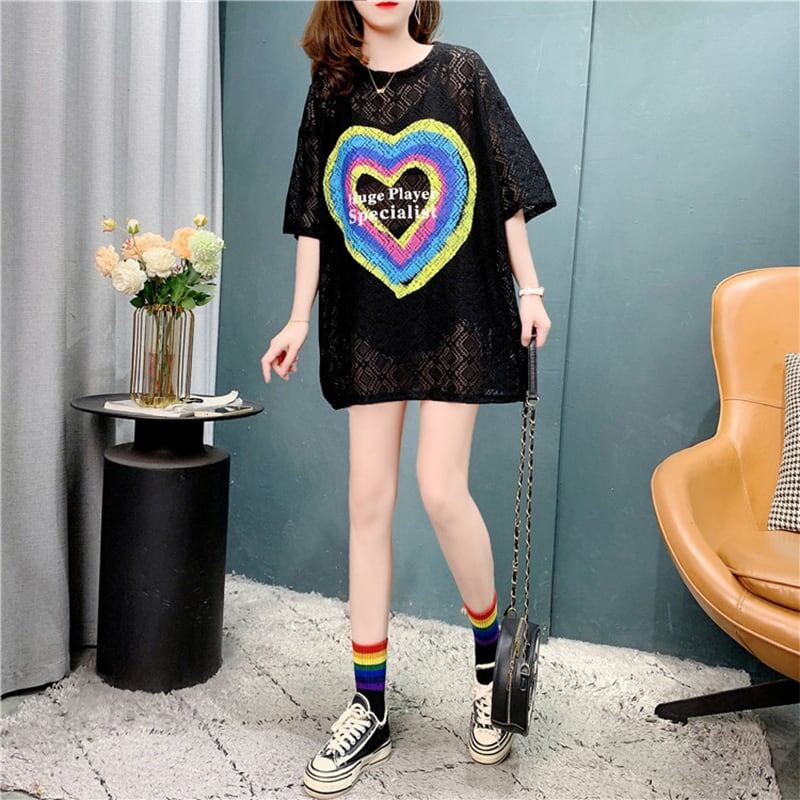 デザイン感 透かし彫り チャーミング プリント Tシャツ カットソー＜S-3115＞