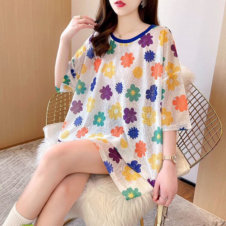 大人可愛い 半袖 紫外線対策 ラウンドネック ルーズ Tシャツ ＜S-8642＞