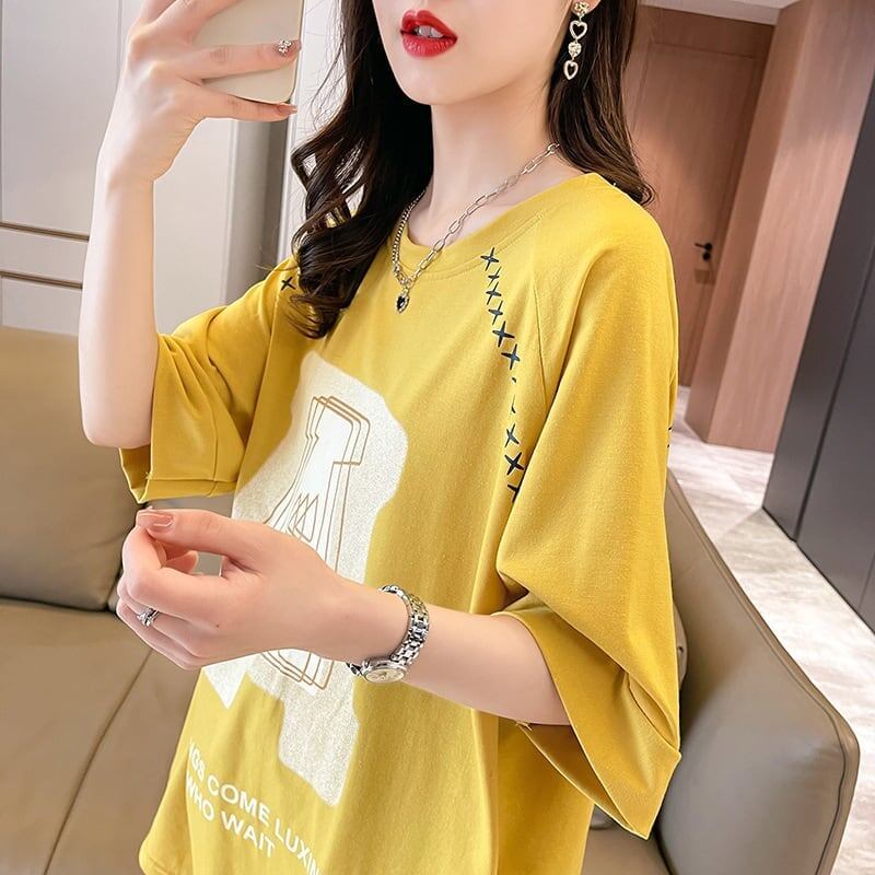 超人気商品 ロング アルファベット プリントTシャツ 三色 ゆったり半袖 ＜S-4019＞